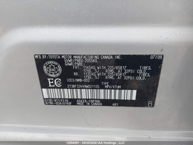 12594591 :رقم المزاد ، 2T3BF33V49W021135 vin ، 2009 Toyota Rav4 مزاد بيع