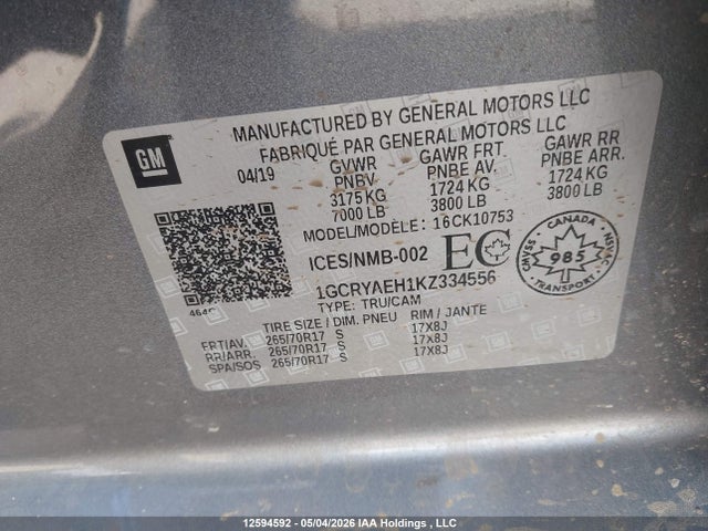 2019 Chevrolet Silverado 1500 Work Truck მანქანა იყიდება აუქციონზე, vin: 1GCRYAEH1KZ334556, აუქციონის ნომერი: 12594592