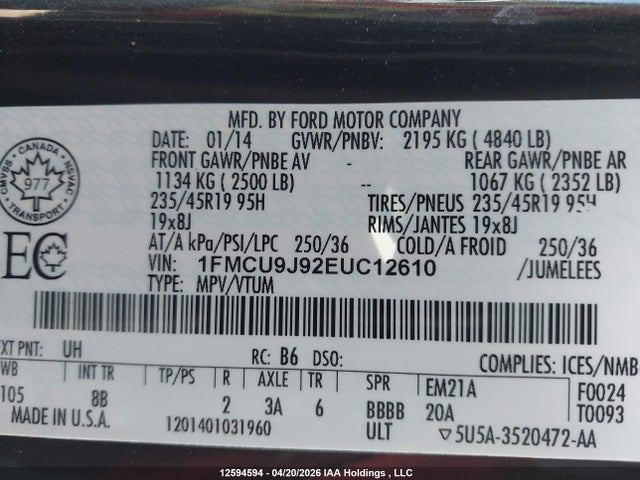 Продажа на аукционе авто 2014 Ford Escape Titanium, vin: 1FMCU9J92EUC12610, номер лота: 12594594