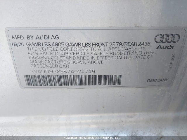 Продаж на аукціоні авто 2007 Audi A4 3.2, vin: WAUDH78E57A024749, номер лоту: 12594603