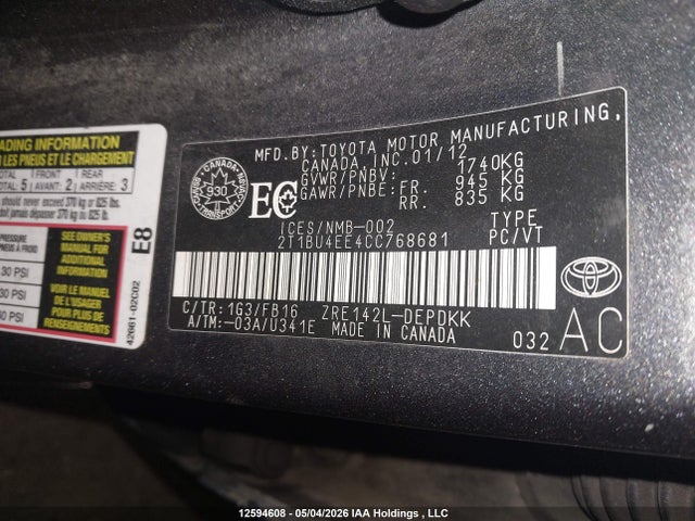 2012 Toyota Corolla S/le მანქანა იყიდება აუქციონზე, vin: 2T1BU4EE4CC768681, აუქციონის ნომერი: 12594608