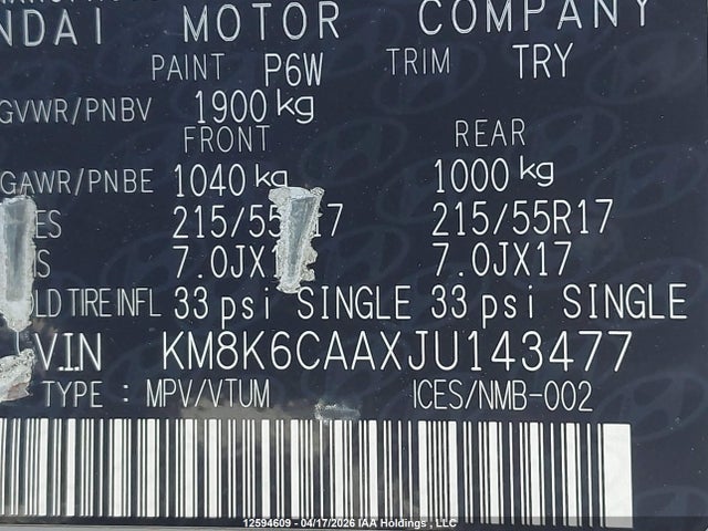 KM8K6CAAXJU143477 Hyundai Kona Sel/tech