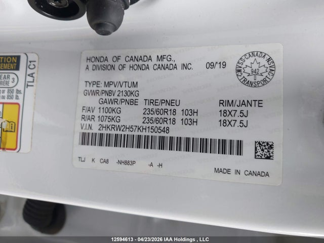 Aukcja sprzedaży 2019 Honda Cr-v Ex, vin: 2HKRW2H57KH150548, numer aukcji: 12594613