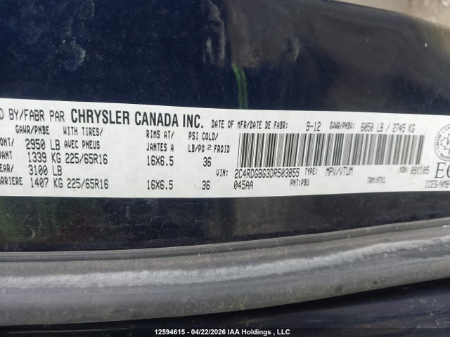12594615 :رقم المزاد ، 2C4RDGBG3DR503855 vin ، 2013 Dodge Grand Caravan مزاد بيع