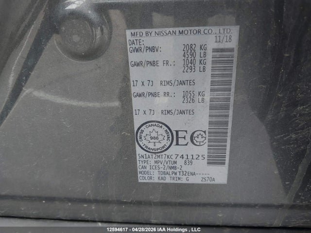 Aukcja sprzedaży 2019 Nissan Rogue S/sl/sv, vin: 5N1AT2MT7KC741125, numer aukcji: 12594617