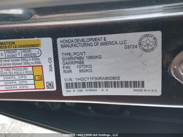 Продаж на аукціоні авто 2024 Honda Accord Ex, vin: 1HGCY1F30RA800805, номер лоту: 12594620