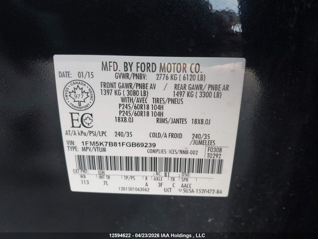 12594622 :رقم المزاد ، 1FM5K7B81FGB69239 vin ، 2015 Ford Explorer مزاد بيع