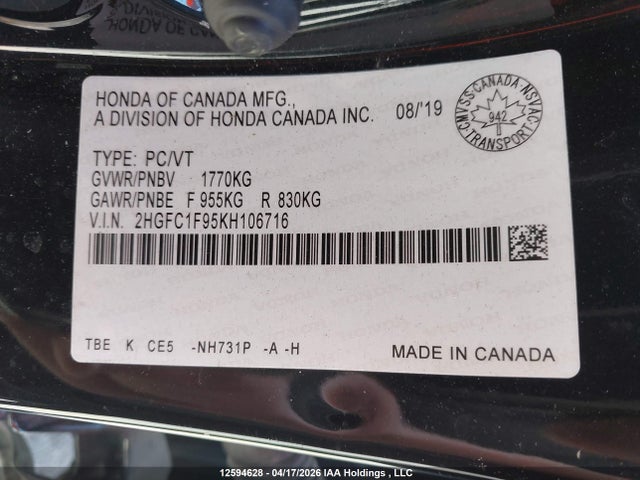 Aukcja sprzedaży 2019 Honda Civic Touring, vin: 2HGFC1F95KH106716, numer aukcji: 12594628