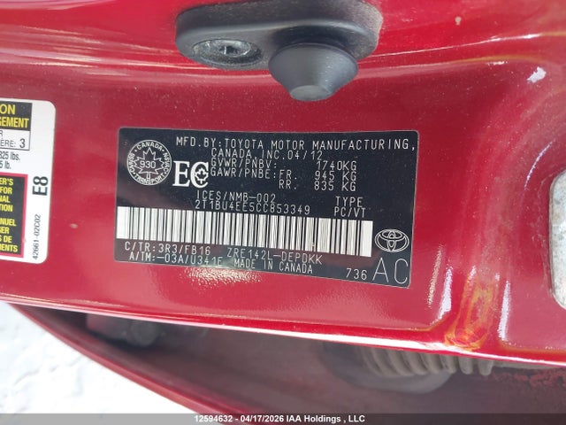 12594632 :رقم المزاد ، 2T1BU4EE5CC853349 vin ، 2012 Toyota Corolla S/le مزاد بيع