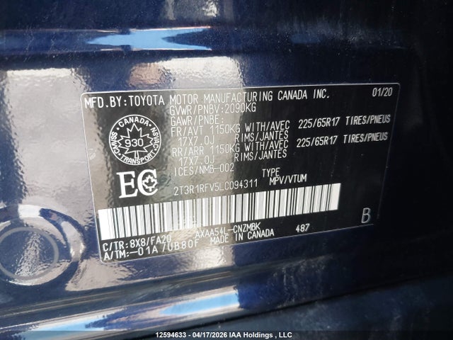 12594633 :رقم المزاد ، 2T3R1RFV5LC094311 vin ، 2020 Toyota Rav4 Xle/xle Premium مزاد بيع