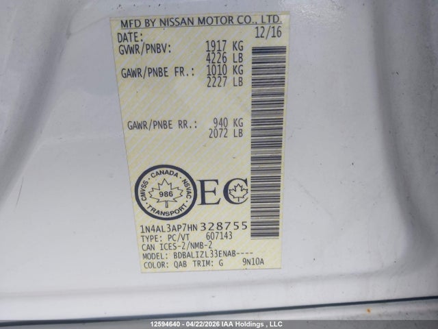 1N4AL3AP7HN328755 Nissan Altima 2.5/2.5 S/2.5 Sl/2.5 Sr/2.5 Sv