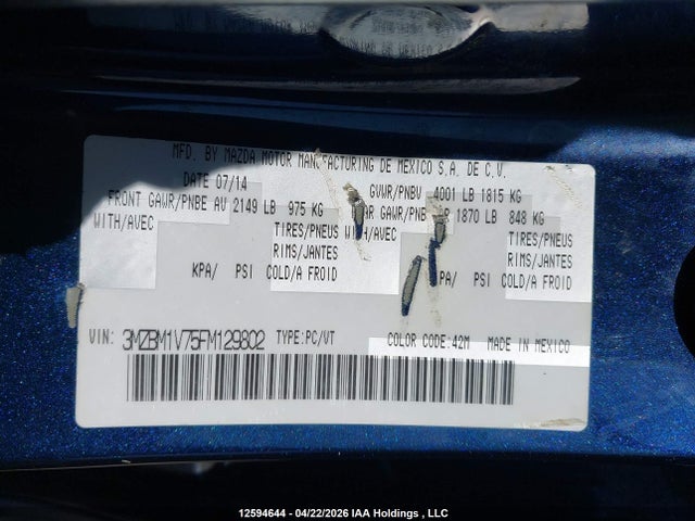2015 Mazda Mazda3 Gs მანქანა იყიდება აუქციონზე, vin: 3MZBM1V75FM129802, აუქციონის ნომერი: 12594644
