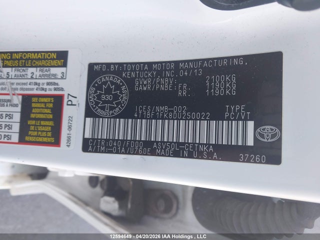 2013 Toyota Camry Le მანქანა იყიდება აუქციონზე, vin: 4T1BF1FK8DU250022, აუქციონის ნომერი: 12594649