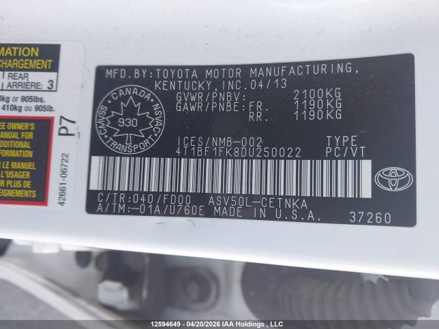2013 Toyota Camry Le მანქანა იყიდება აუქციონზე, vin: 4T1BF1FK8DU250022, აუქციონის ნომერი: 12594649