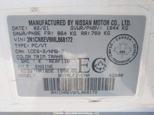 2021 Nissan Versa Sv მანქანა იყიდება აუქციონზე, vin: 3N1CN8EV9ML868172, აუქციონის ნომერი: 12594650