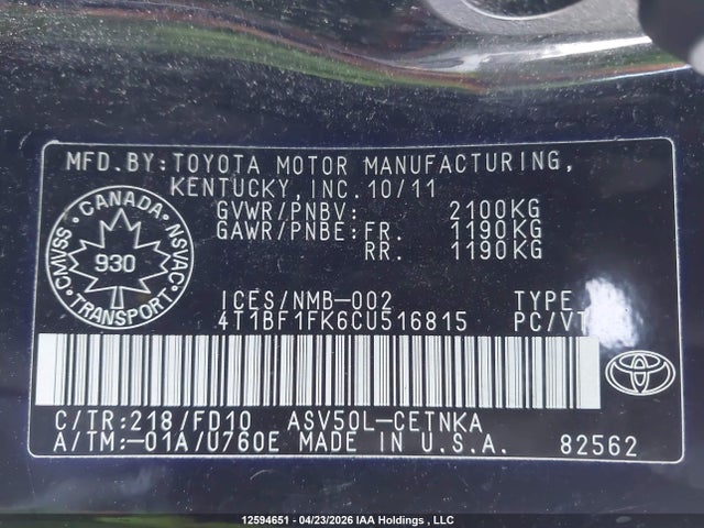 Продаж на аукціоні авто 2012 Toyota Camry Le, vin: 4T1BF1FK6CU516815, номер лоту: 12594651