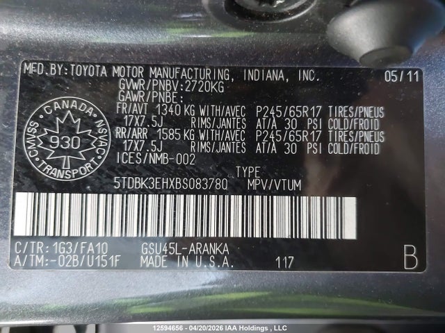 12594656 :رقم المزاد ، 5TDBK3EHXBS083780 vin ، 2011 Toyota Highlander Se مزاد بيع