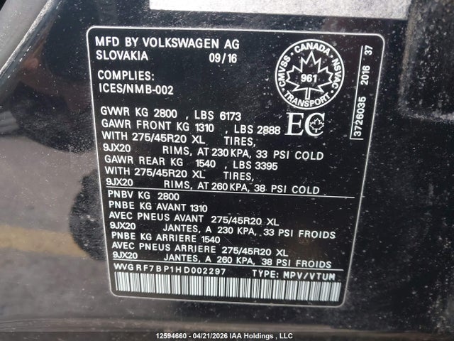 12594660 :رقم المزاد ، WVGRF7BP1HD002297 vin ، 2017 Volkswagen Touareg 3.6l Wolfsburg Edition مزاد بيع