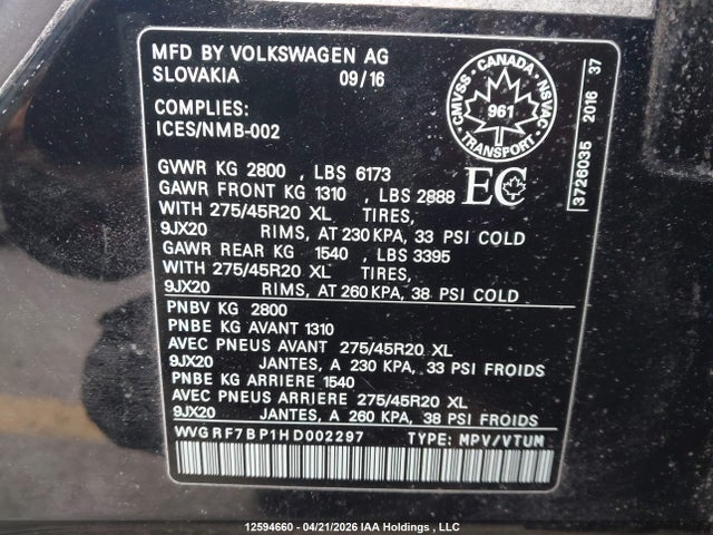 12594660 :رقم المزاد ، WVGRF7BP1HD002297 vin ، 2017 Volkswagen Touareg 3.6l Wolfsburg Edition مزاد بيع