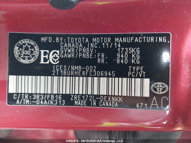 2015 Toyota Corolla მანქანა იყიდება აუქციონზე, vin: 2T1BURHE8FC306945, აუქციონის ნომერი: 12592475