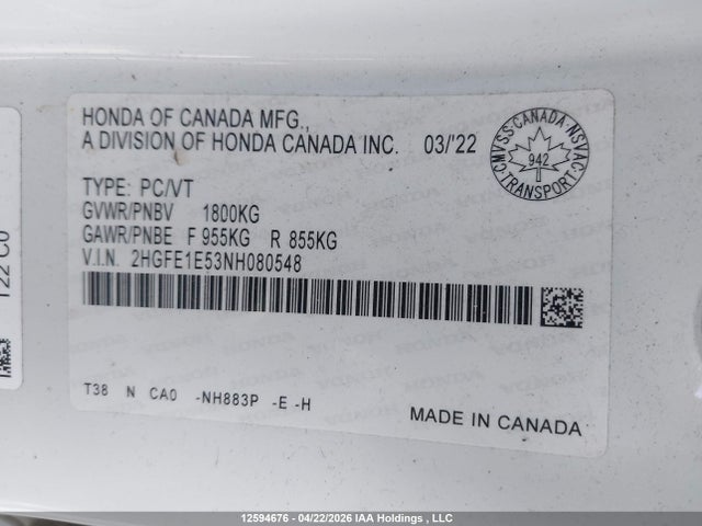 2HGFE1E53NH080548 Honda Civic Si Si