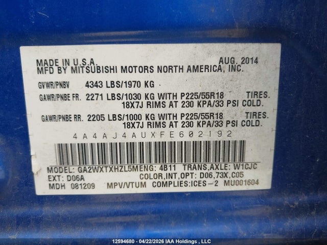 Aukcja sprzedaży 2015 Mitsubishi Rvr Gt, vin: 4A4AJ4AUXFE602192, numer aukcji: 12594680