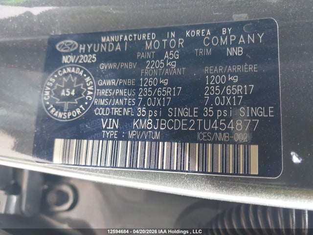 Aukcja sprzedaży 2026 Hyundai Tucson Preferred Awd, vin: KM8JBCDE2TU454877, numer aukcji: 12594684