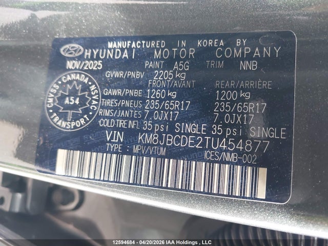 Aukcja sprzedaży 2026 Hyundai Tucson Preferred Awd, vin: KM8JBCDE2TU454877, numer aukcji: 12594684