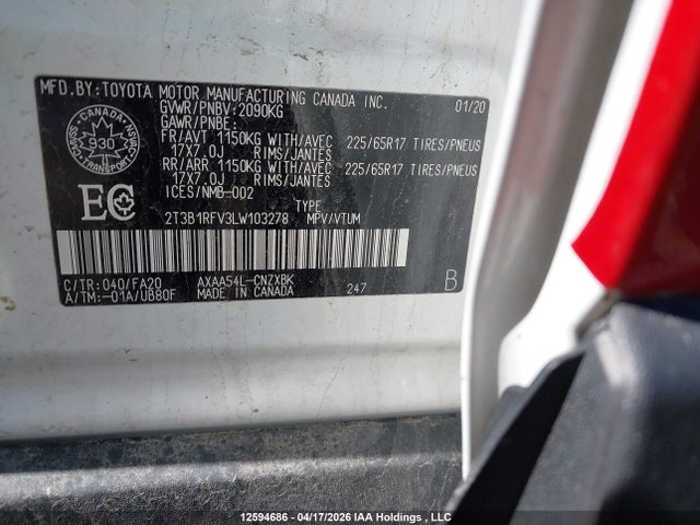 12594686 :رقم المزاد ، 2T3B1RFV3LW103278 vin ، 2020 Toyota Rav4 Le مزاد بيع