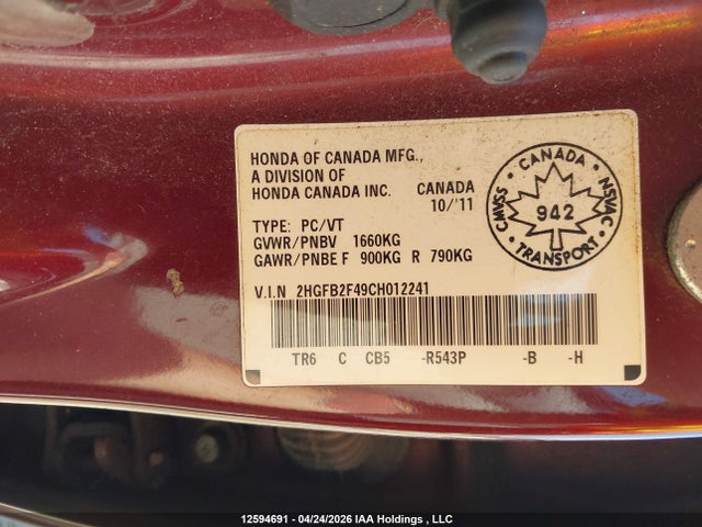 Продаж на аукціоні авто 2012 Honda Civic Lx, vin: 2HGFB2F49CH012241, номер лоту: 12594691