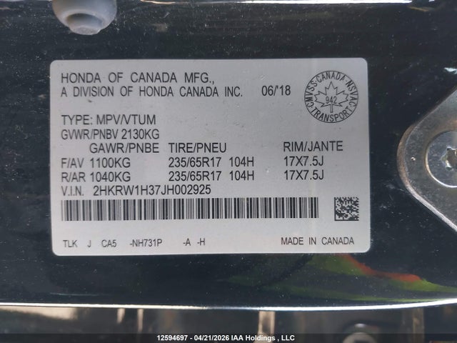 2HKRW1H37JH002925 Honda CR-V LX