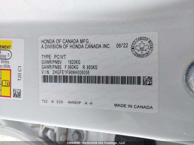 2HGFE1F96NH006056 Honda Civic Touring