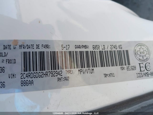 Продажа на аукционе авто 2017 Dodge Grand Caravan Crew, vin: 2C4RDGDG2HR792942, номер лота: 12594699
