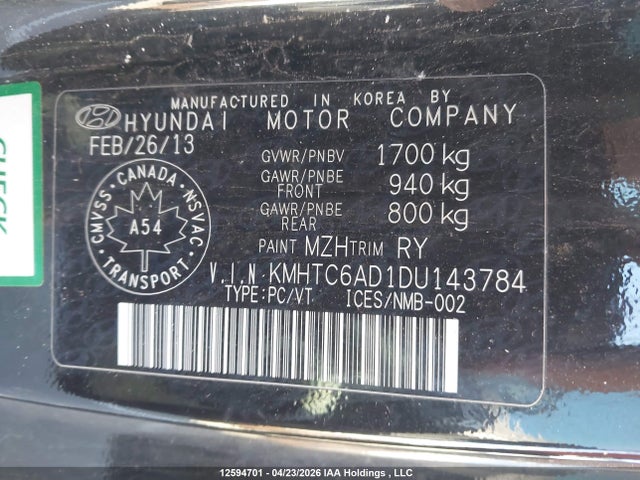 2013 Hyundai Veloster მანქანა იყიდება აუქციონზე, vin: KMHTC6AD1DU143784, აუქციონის ნომერი: 12594701