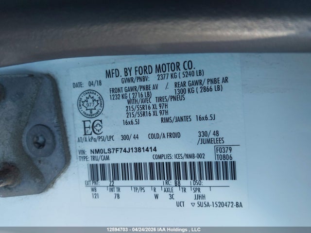 Продажа на аукционе авто 2018 Ford Transit Connect Xlt, vin: NM0LS7F74J1381414, номер лота: 12594703