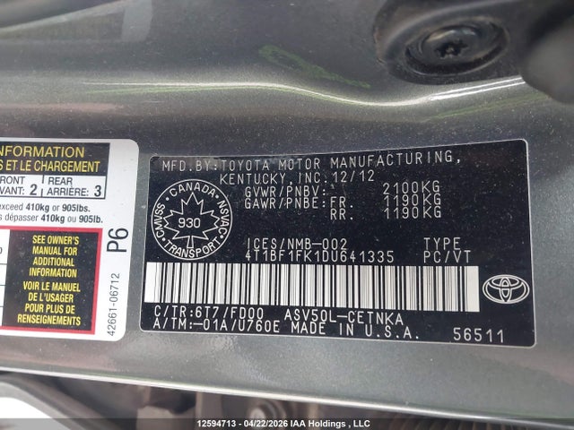 Продажа на аукционе авто 2013 Toyota Camry L/se/le/xle, vin: 4T1BF1FK1DU641335, номер лота: 12594713