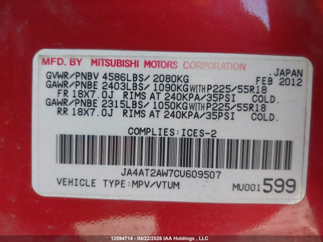 12594714 :رقم المزاد ، JA4AT2AW7CU609507 vin ، 2012 Mitsubishi Outlander Es مزاد بيع