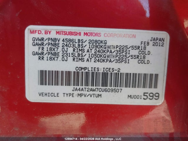 12594714 :رقم المزاد ، JA4AT2AW7CU609507 vin ، 2012 Mitsubishi Outlander Es مزاد بيع