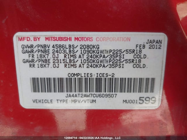12594714 :رقم المزاد ، JA4AT2AW7CU609507 vin ، 2012 Mitsubishi Outlander Es مزاد بيع