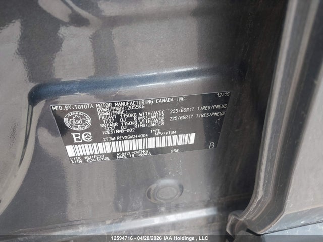 2016 Toyota Rav4 Xle მანქანა იყიდება აუქციონზე, vin: 2T3WFREVXGW244004, აუქციონის ნომერი: 12594716