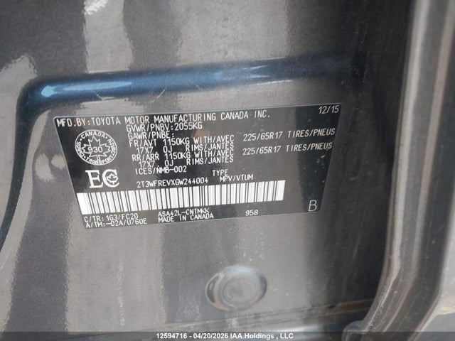 2016 Toyota Rav4 Xle მანქანა იყიდება აუქციონზე, vin: 2T3WFREVXGW244004, აუქციონის ნომერი: 12594716