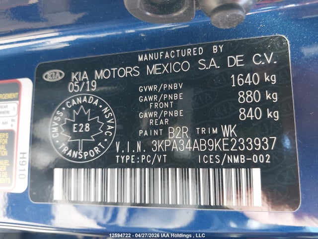 3KPA34AB9KE233937 KIA Rio