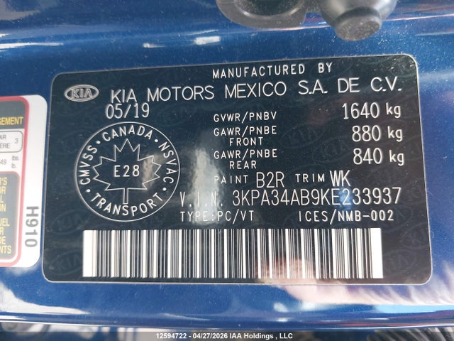 3KPA34AB9KE233937 KIA Rio