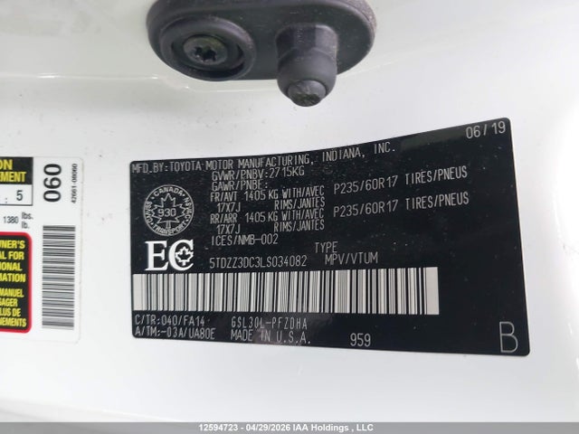 2020 Toyota Sienna მანქანა იყიდება აუქციონზე, vin: 5TDZZ3DC3LS034082, აუქციონის ნომერი: 12594723