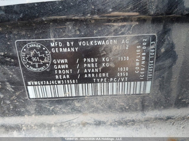 Aukcja sprzedaży 2012 Volkswagen Gti, vin: WVWGV7AJ4CW319581, numer aukcji: 12594725