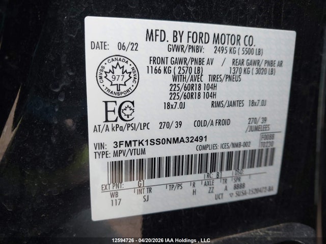 12594726 :رقم المزاد ، 3FMTK1SS0NMA32491 vin ، 2022 Ford Mustang Mach-e Select مزاد بيع