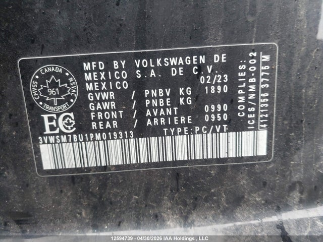 Продажа на аукционе авто 2023 Volkswagen Jetta Comfortline, vin: 3VWSM7BU1PM019313, номер лота: 12594739