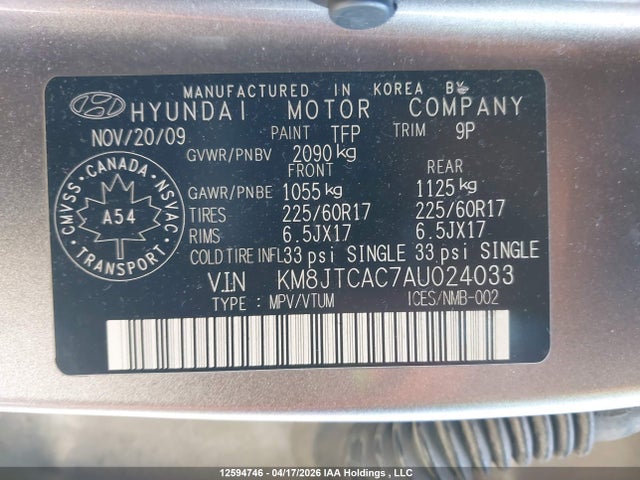 2010 Hyundai Tucson მანქანა იყიდება აუქციონზე, vin: KM8JTCAC7AU024033, აუქციონის ნომერი: 12594746