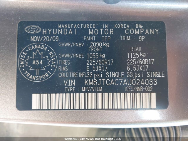 2010 Hyundai Tucson მანქანა იყიდება აუქციონზე, vin: KM8JTCAC7AU024033, აუქციონის ნომერი: 12594746