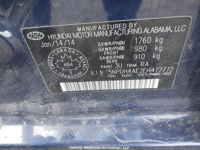 12594750 :رقم المزاد ، 5NPDH4AE2EH472772 vin ، 2014 Hyundai Elantra مزاد بيع